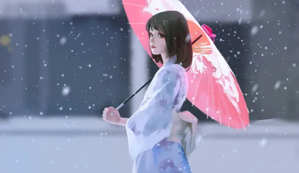 4k赖来壁纸-伞 - 雪-黑发「哲风壁纸」