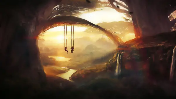 2k森林壁纸-瀑布 - 秋千-绘画「哲风壁纸」