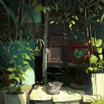 4k动物壁纸-猫 - 树叶-花盆「哲风壁纸」