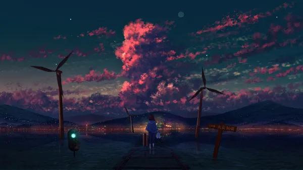 4k动漫女孩壁纸-云 - 山-城市的灯光「哲风壁纸」