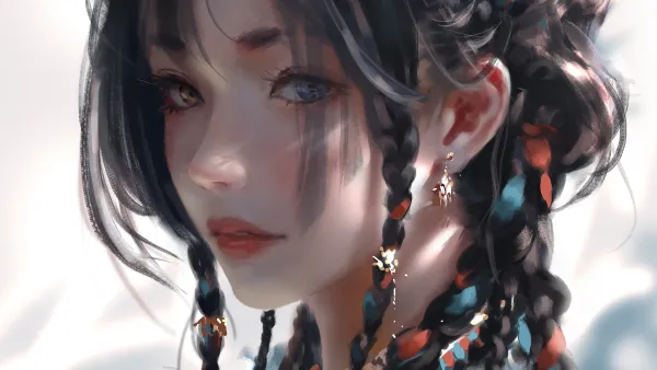 2k辫子壁纸-长发 - 异色症-WLOP「哲风壁纸」