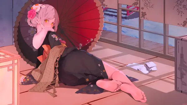 2k侧卧壁纸-伞 - 脚-和服「哲风壁纸」