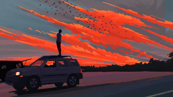 4k绘画壁纸-车 - 红色的天空-免费下载「哲风壁纸」