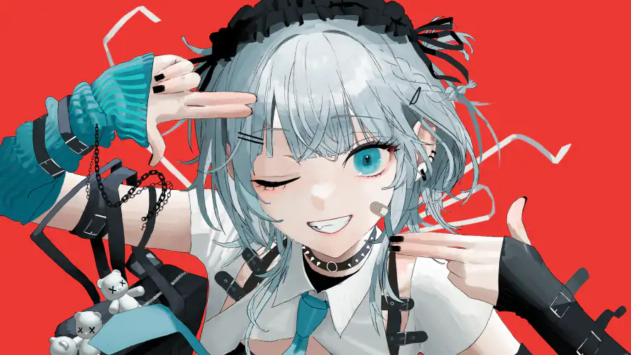 4k银发壁纸-创可贴 - 手指枪-蓝眼睛「哲风壁纸」