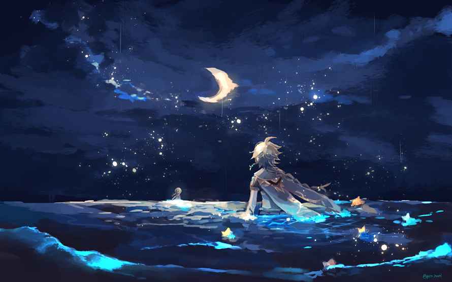 2k新月壁纸-水 - 星星-月亮「哲风壁纸」