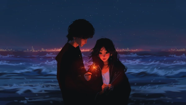 4k夜晚壁纸-情侣 - 波浪-海边「哲风壁纸」