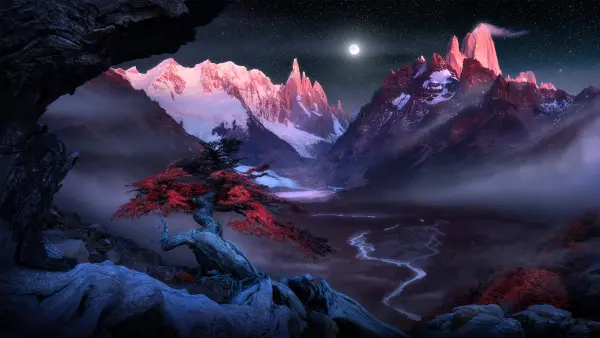 5k夜晚壁纸-山 - 树-河「哲风壁纸」