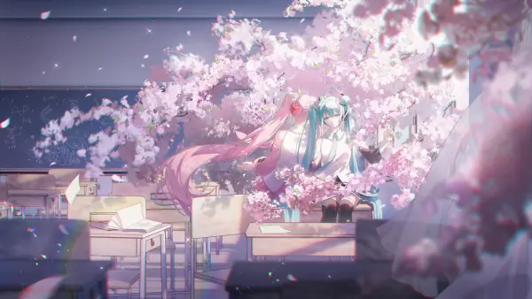 5k樱花壁纸-花瓣 - 课堂-双马尾「哲风壁纸」