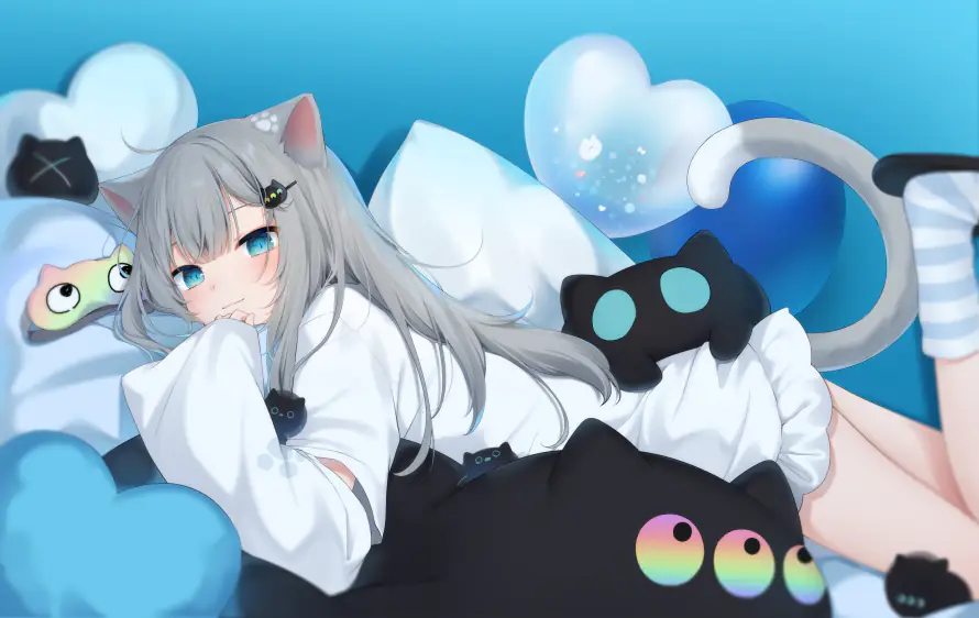 4k猫羽雫壁纸-蓝眼睛 - 动漫女孩-猫耳猫尾装「哲风壁纸」