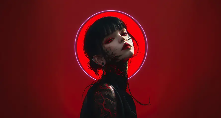 4k红眼睛壁纸-红月女孩 - 渐变红背景-免费下载「哲风壁纸」