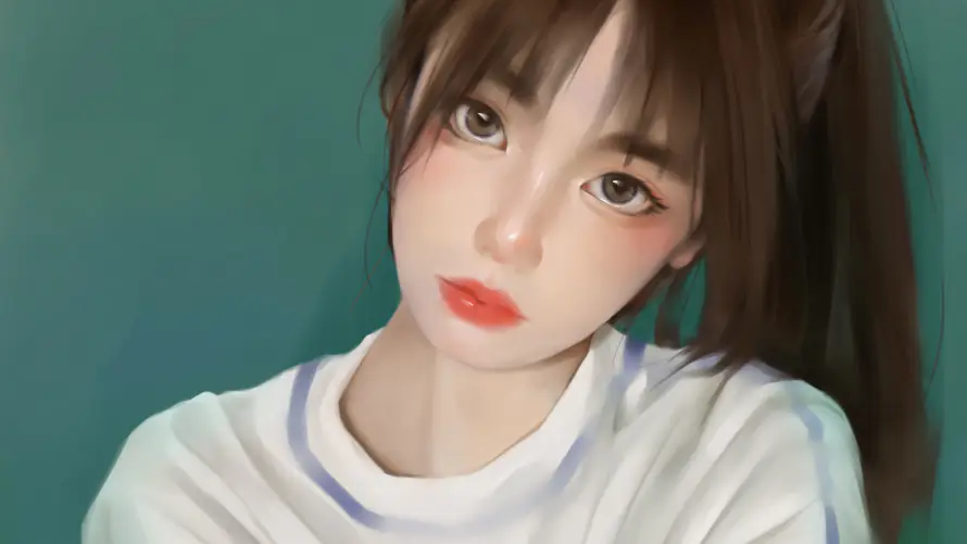 4k油画风壁纸-绿背景 - 高马尾美女-免费下载「哲风壁纸」