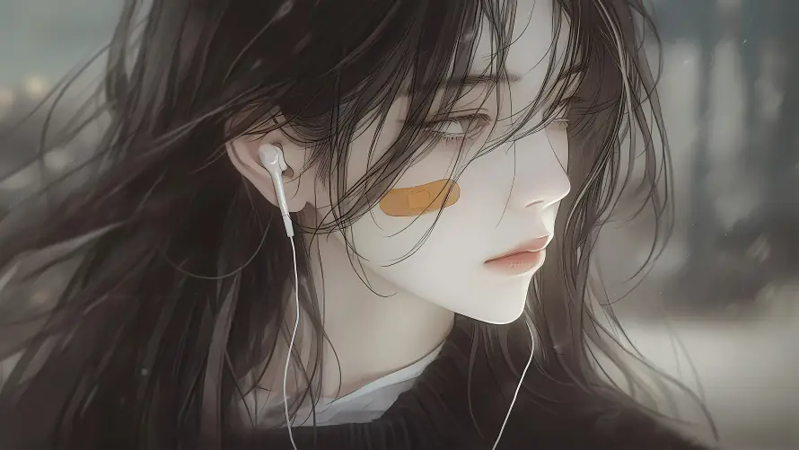 4k动漫美女壁纸-古风艺术 - 戴着耳机-创可贴女孩「哲风壁纸」