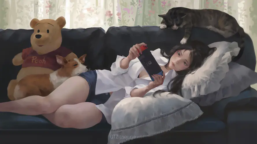 2k猫咪壁纸-躺在沙发的美女 - 桌面-免费下载「哲风壁纸」