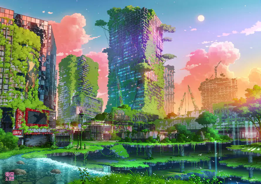 2k东京幻想壁纸-长满草的城市 - 桌面-免费下载「哲风壁纸」