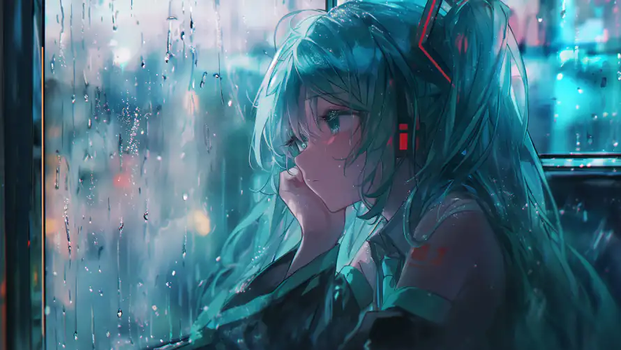 4k初音未来壁纸-室外雨天 - 窗前发呆-二次元美女「哲风壁纸」