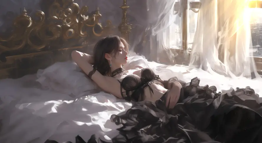 3k公主殿下壁纸-黑裙女孩 - 睡梦中的美女-阳光照进窗内「哲风壁纸」