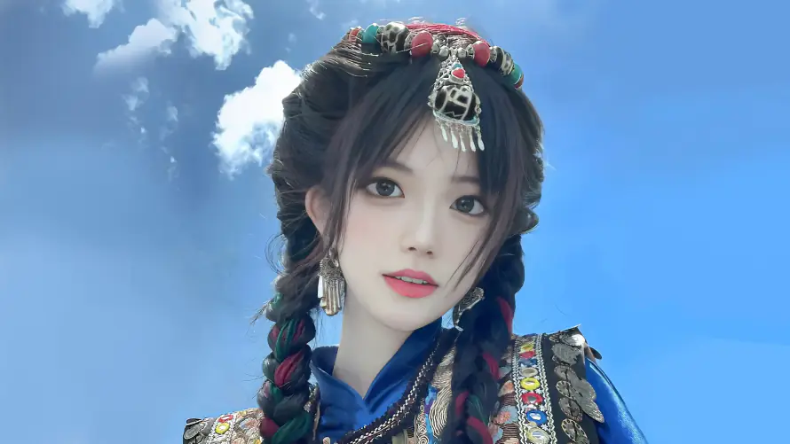 4k美女壁纸-草原 - 蓝天-新疆美女「哲风壁纸」