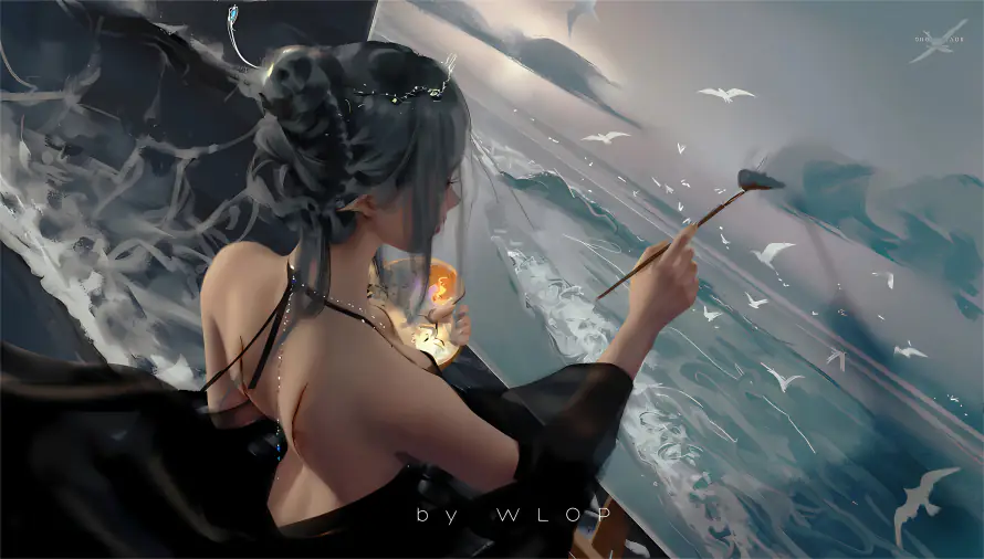 8kWLOP壁纸-海畔作画 - 鬼刀风铃-WLOP作品「哲风壁纸」
