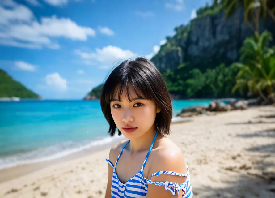 2k沙滩壁纸-美女 - 比基尼-短发美女「哲风壁纸」