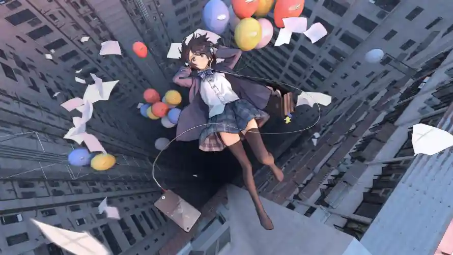 5k少女壁纸-科幻感 - 五彩斑斓-高楼之间「哲风壁纸」