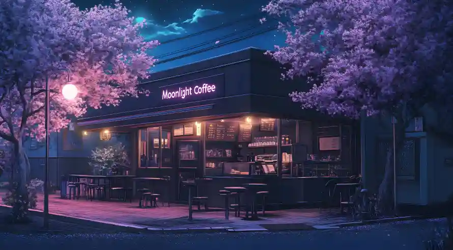 3k咖啡壁纸-夜景 - 樱花-咖啡屋「哲风壁纸」