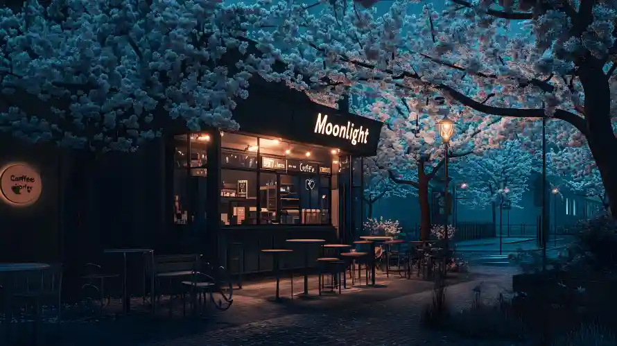 3k咖啡壁纸-夜景 - 樱花-咖啡店「哲风壁纸」