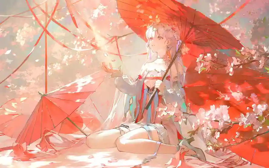 3k意境壁纸-春风 - 梨花-红伞「哲风壁纸」