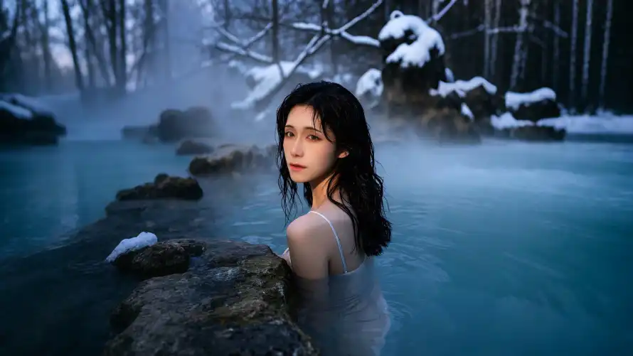 2k佳人壁纸-温泉 - 美女-冰雪温泉「哲风壁纸」