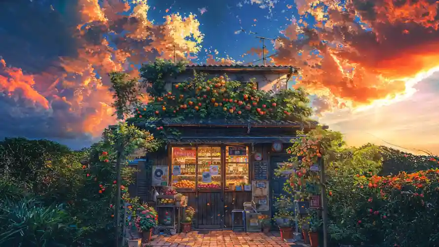 4k夕阳壁纸-插画 - 绿植-风景「哲风壁纸」
