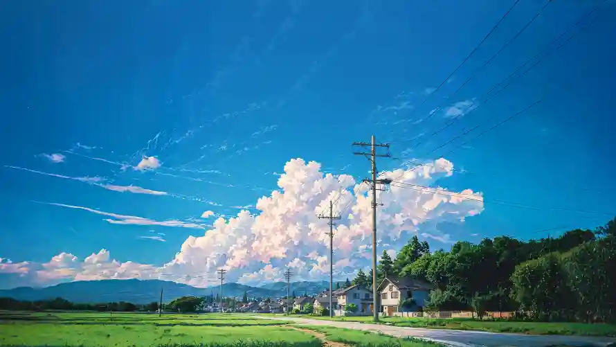 4k房屋壁纸-插画 - 电线杆-乡村道路「哲风壁纸」