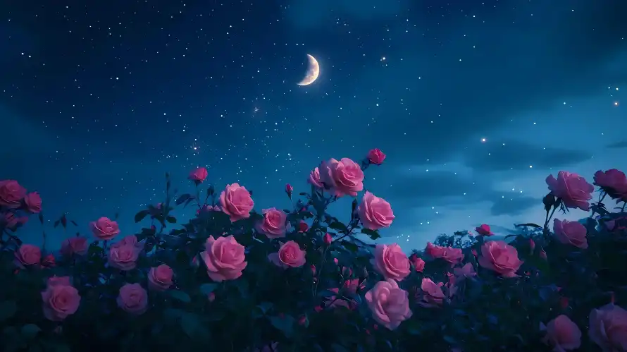 8k夜空壁纸-月亮 - 玫瑰-花卉「哲风壁纸」