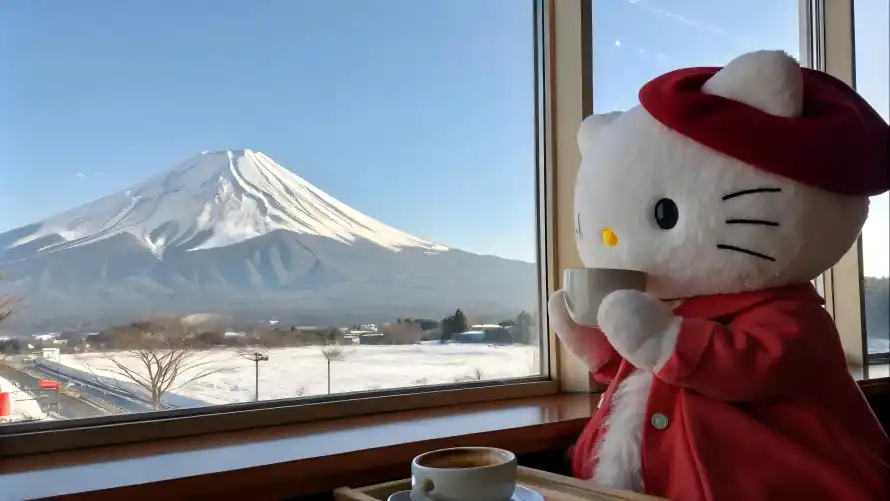 6k玩偶壁纸-凯蒂猫 - 富士山-窗边场景「哲风壁纸」