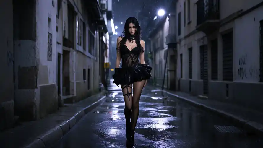 4k女子壁纸-旧巷 - 漫步-雨夜「哲风壁纸」