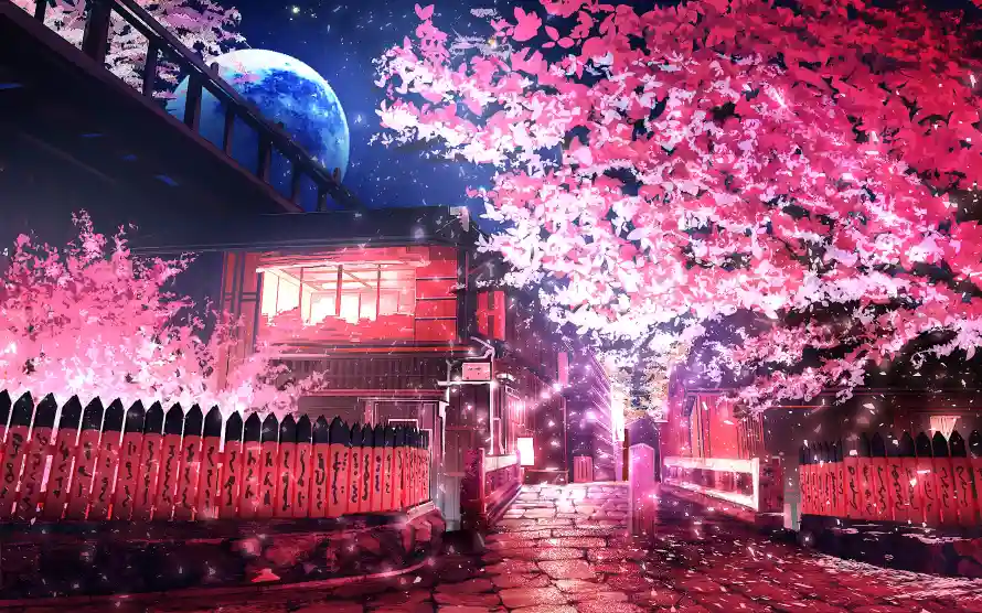 4k夜景壁纸-动漫场景 - 动漫壁纸-樱花街道「哲风壁纸」