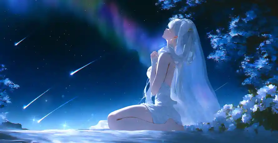 4k少女壁纸-星空 - 白衣-花朵「哲风壁纸」