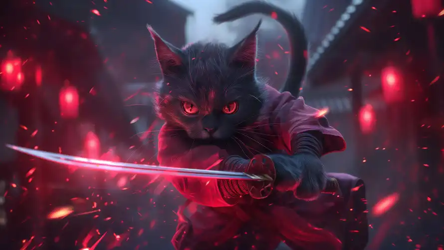 6k动漫壁纸-武士 - 黑猫-红眼睛「哲风壁纸」