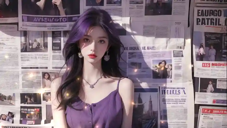 4k少女壁纸-背景 - 报纸墙-紫色系「哲风壁纸」