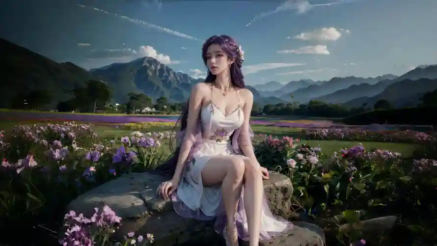 4k背景壁纸-花海 - 户外场景-紫发美女「哲风壁纸」