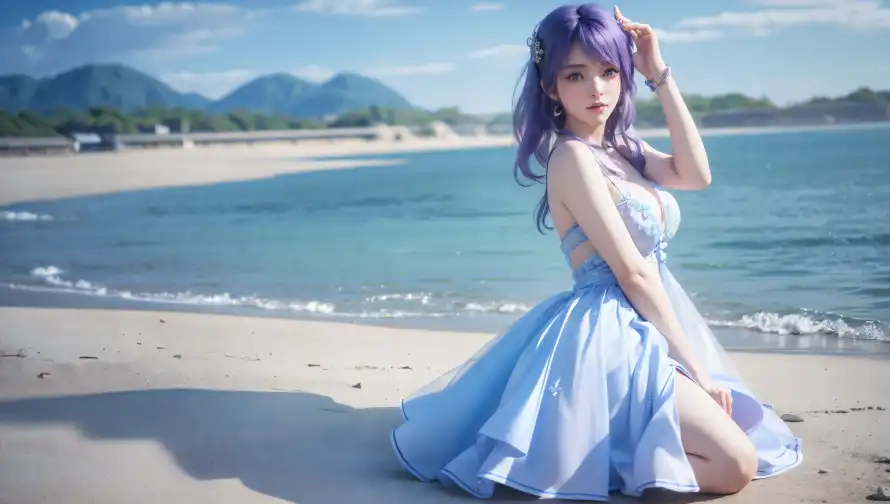 4k沙滩壁纸-海景 - 海边-紫发美女「哲风壁纸」