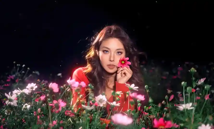 8k夜晚壁纸-美女 - 花丛-花海「哲风壁纸」