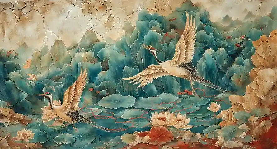 2k仙鹤壁纸-古风 - 壁画-荷花「哲风壁纸」