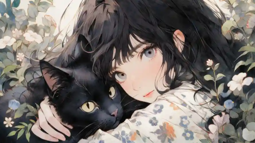 4kAI壁纸-女孩 - 美女-黑猫「哲风壁纸」