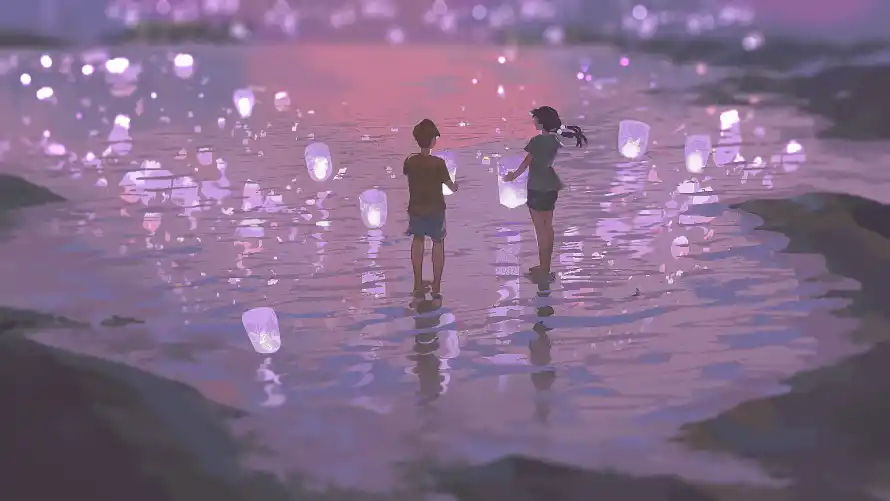 4k人物壁纸-动漫 - 夜景-孔明灯「哲风壁纸」