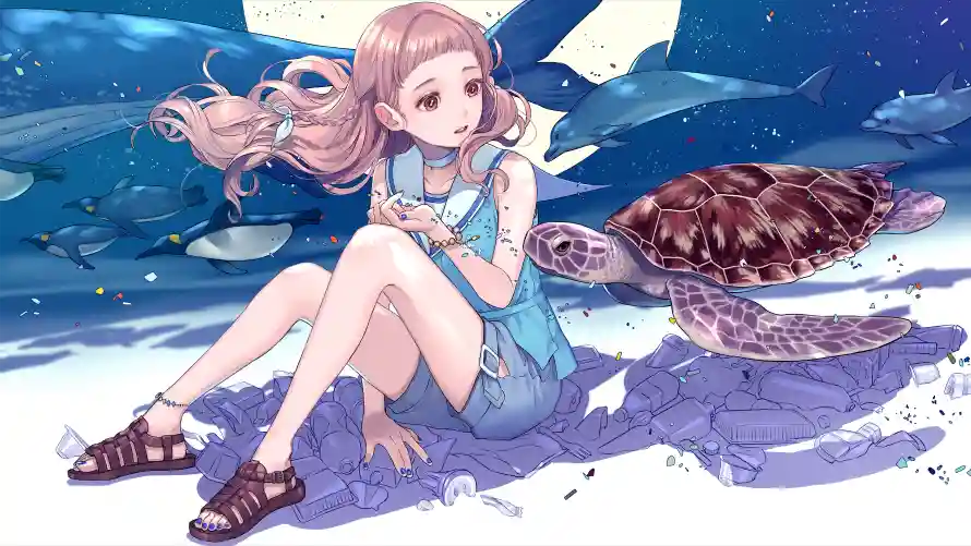 5k动漫壁纸-少女 - 海龟-唯美风「哲风壁纸」