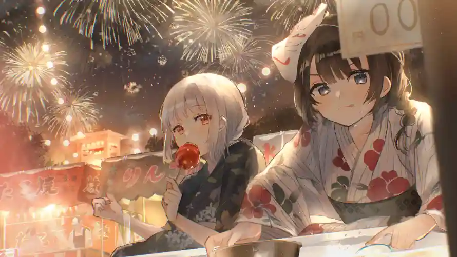 4k动漫壁纸-和服 - 少女-烟花「哲风壁纸」