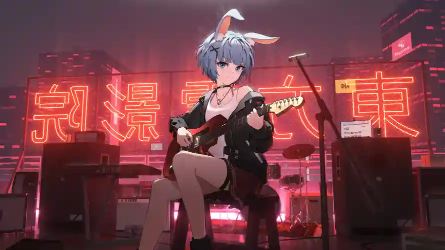 6k动漫壁纸-少女 - 兽耳娘-弹吉他「哲风壁纸」