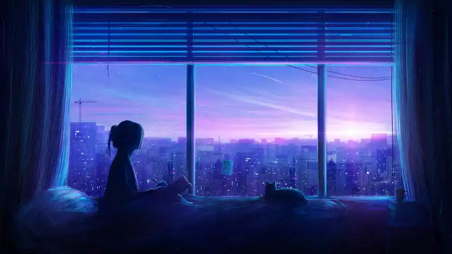 5k动漫壁纸-夜景 - 女孩-窗前「哲风壁纸」