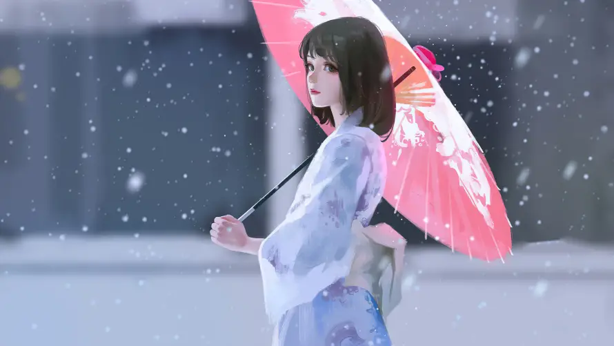 4k动漫壁纸-和服 - 少女-撑伞「哲风壁纸」
