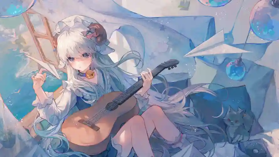 4k动漫壁纸-吉他 - 少女-弹奏「哲风壁纸」