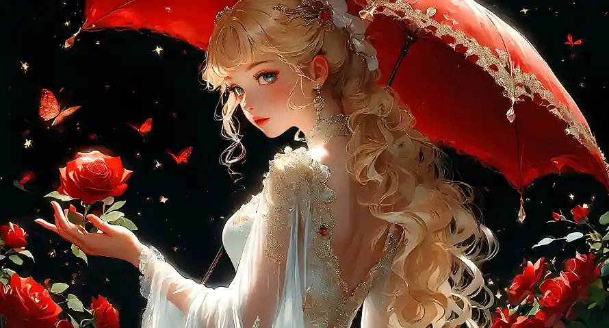 2k少女壁纸-玫瑰 - 红伞-美女「哲风壁纸」